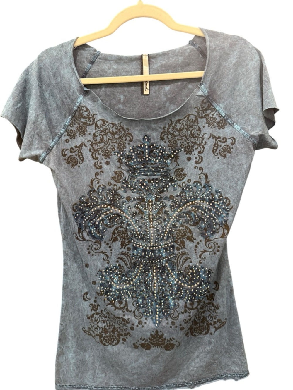 Women's‎ Blue/Grey Embellished Short Sleeve Top
